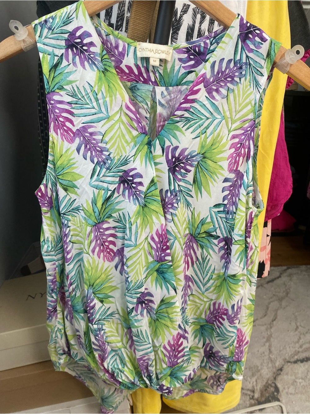 Cynthia Rowley palm print blouse with tropical design and a draped v-neck front.